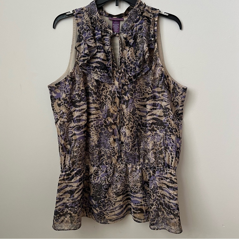 Beverly Drive Sleeveless Animal Print Blouse Tie Front Buttons Purple Tan 16-18W